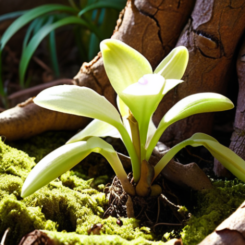 Home 15 **
Close-up of vibrant orchid roots, healthy green color dominating, nestled in chunky pine bark substrate, diffused sunlight, focus on texture and detail, Italian gardening style.
**
