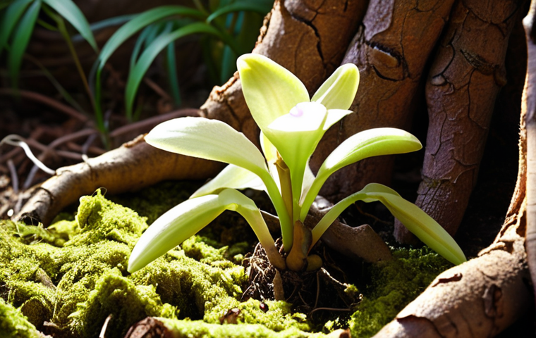 **
Close-up of vibrant orchid roots, healthy green color dominating, nestled in chunky pine bark substrate, diffused sunlight, focus on texture and detail, Italian gardening style.
**