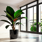 ** A ficus elastica (rubber plant) with glossy leaves, positioned in a bright living room near a window with filtered light, creating an urban jungle feel.

**