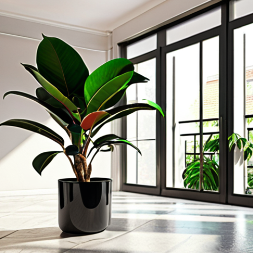 Home 14 ** A ficus elastica (rubber plant) with glossy leaves, positioned in a bright living room near a window with filtered light, creating an urban jungle feel.
**