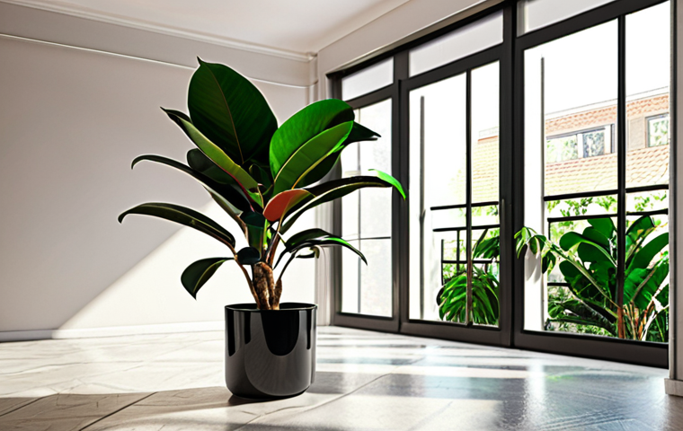 ** A ficus elastica (rubber plant) with glossy leaves, positioned in a bright living room near a window with filtered light, creating an urban jungle feel.

**