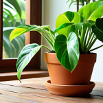 A lush philodendron 'Brasil' plant in a terracotta pot, with vibrant green leaves and light green variegation, sitting on a wooden table near a window. Soft, indirect sunlight illuminates the leaves. In the background, other tropical plants are clustered together, creating a humid microclimate. Mist is lightly spraying the leaves.