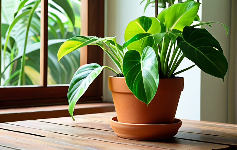 A lush philodendron 'Brasil' plant in a terracotta pot, with vibrant green leaves and light green variegation, sitting on a wooden table near a window. Soft, indirect sunlight illuminates the leaves. In the background, other tropical plants are clustered together, creating a humid microclimate. Mist is lightly spraying the leaves.