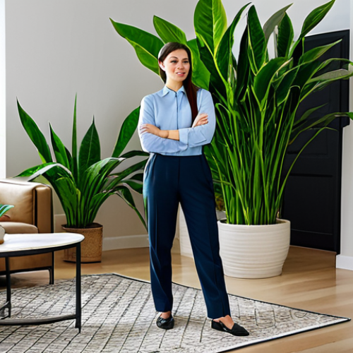Home 19 A professional woman, fully clothed in modest business casual attire, stands in a serene, modern living room, gently misting the lush leaves of a thriving Pothos plant. Various low-light tolerant plants like Sansevieria and Aglaonema elegantly fill the cozy space, which receives ambient, soft light. The atmosphere is calm and contemplative, emphasizing the well-being derived from indoor gardening. The woman exhibits perfect anatomy, correct proportions, well-formed hands, and a natural, professional pose. safe for work, appropriate content, fully clothed, modest, high quality, professional photography, realistic rendering.