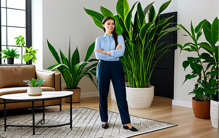 A professional woman, fully clothed in modest business casual attire, stands in a serene, modern living room, gently misting the lush leaves of a thriving Pothos plant. Various low-light tolerant plants like Sansevieria and Aglaonema elegantly fill the cozy space, which receives ambient, soft light. The atmosphere is calm and contemplative, emphasizing the well-being derived from indoor gardening. The woman exhibits perfect anatomy, correct proportions, well-formed hands, and a natural, professional pose. safe for work, appropriate content, fully clothed, modest, high quality, professional photography, realistic rendering.