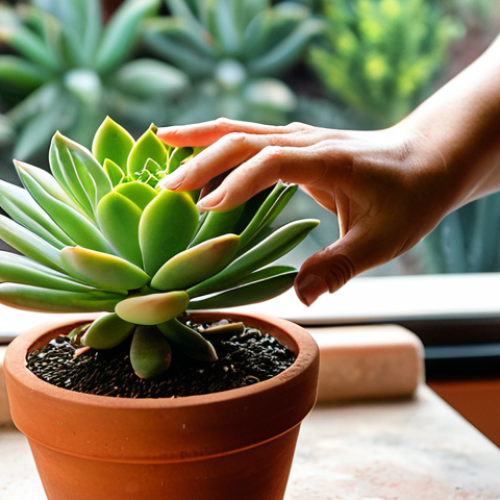 Home 18 A serene adult, fully clothed in modest professional casual attire, gently touches the soil of a vibrant Echeveria with one well-formed finger, performing the "test del dito" to check moisture. The succulent is perfectly formed and sits in a terracotta pot on a bright, sunlit windowsill. In the background, other diverse and healthy succulents, including Sedum and Crassula ovata, are artfully arranged in various terracotta pots, bathed in soft, natural light. The scene emphasizes care and tranquility. Correct proportions, natural pose, proper finger count. Professional photography, high resolution, natural lighting, safe for work, appropriate content, fully clothed, professional, family-friendly.