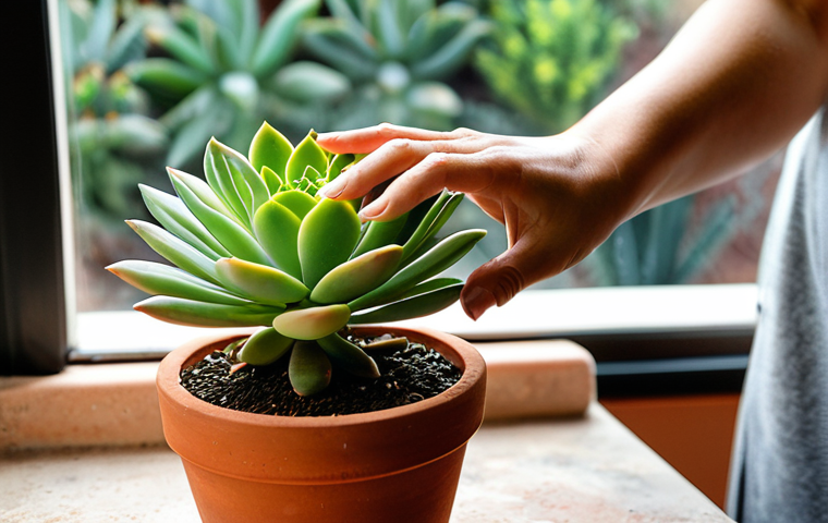 A serene adult, fully clothed in modest professional casual attire, gently touches the soil of a vibrant Echeveria with one well-formed finger, performing the "test del dito" to check moisture. The succulent is perfectly formed and sits in a terracotta pot on a bright, sunlit windowsill. In the background, other diverse and healthy succulents, including Sedum and Crassula ovata, are artfully arranged in various terracotta pots, bathed in soft, natural light. The scene emphasizes care and tranquility. Correct proportions, natural pose, proper finger count. Professional photography, high resolution, natural lighting, safe for work, appropriate content, fully clothed, professional, family-friendly.