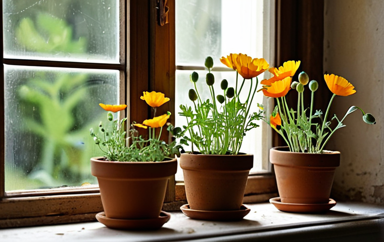 야생화 실내 재배 노하우 - **"The Awakening of the Indoor Wild Garden"**
A close-up, warm-toned photograph capturing a sun-...